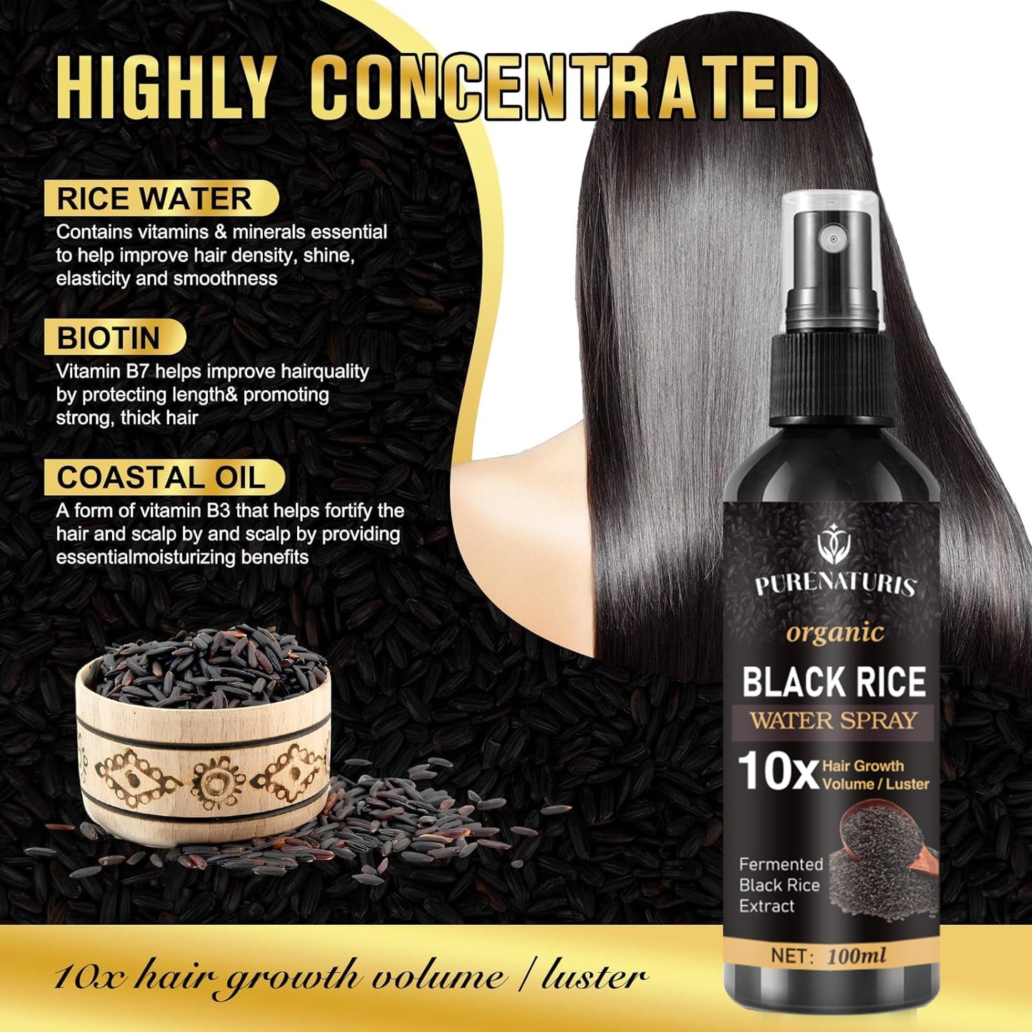Natural Black Rice Water Hair Growth Spray For Women and Men with Castor Oil Ginger