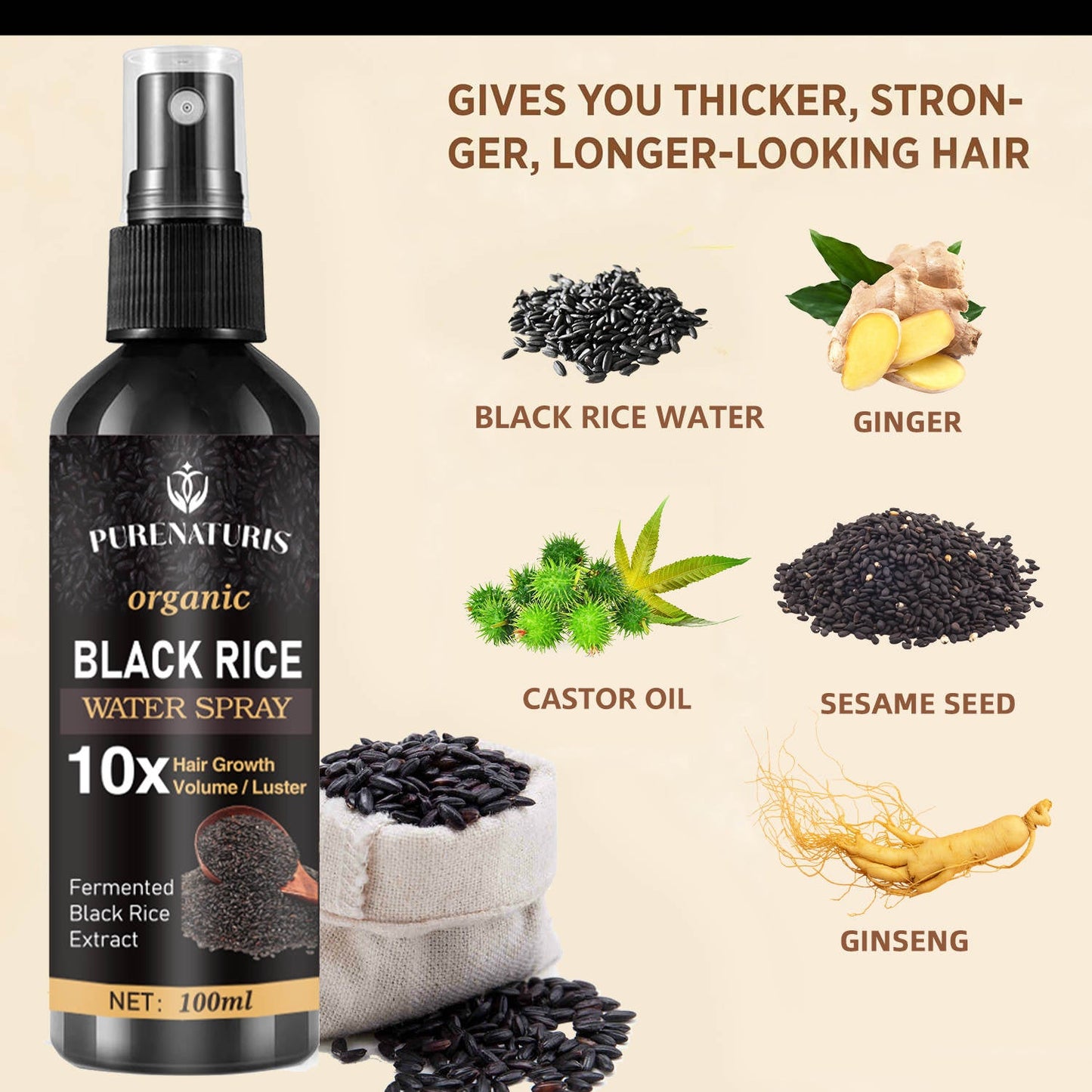 Natural Black Rice Water Hair Growth Spray For Women and Men with Castor Oil Ginger