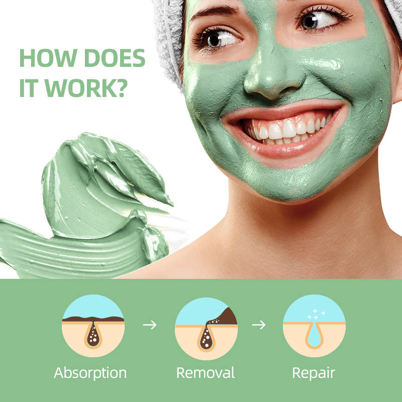 Woman wearing mud mask. Description of how Green Tea Clay Mud Mask works