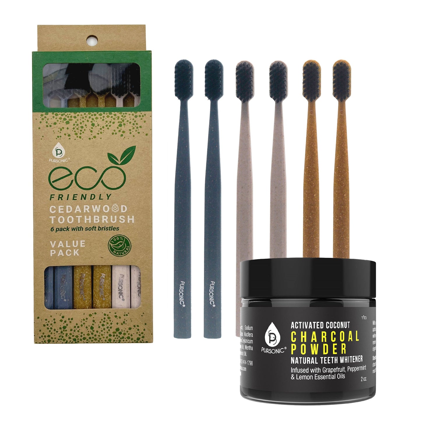 Bocx of cedarwoord toothbrushes and charcoal powder teeth whitener