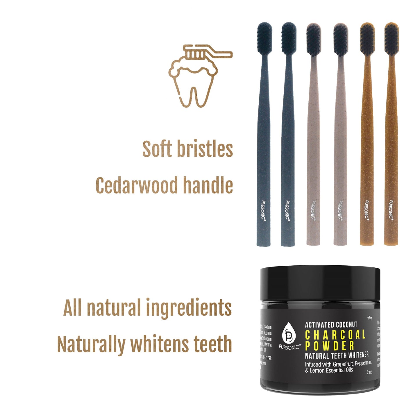 Natural Radiance Combo: Activated Coconut Charcoal Powder Natural Teeth Whitener + 100% Eco-friendly Cedarwood Toothbrushes (6 Pack)