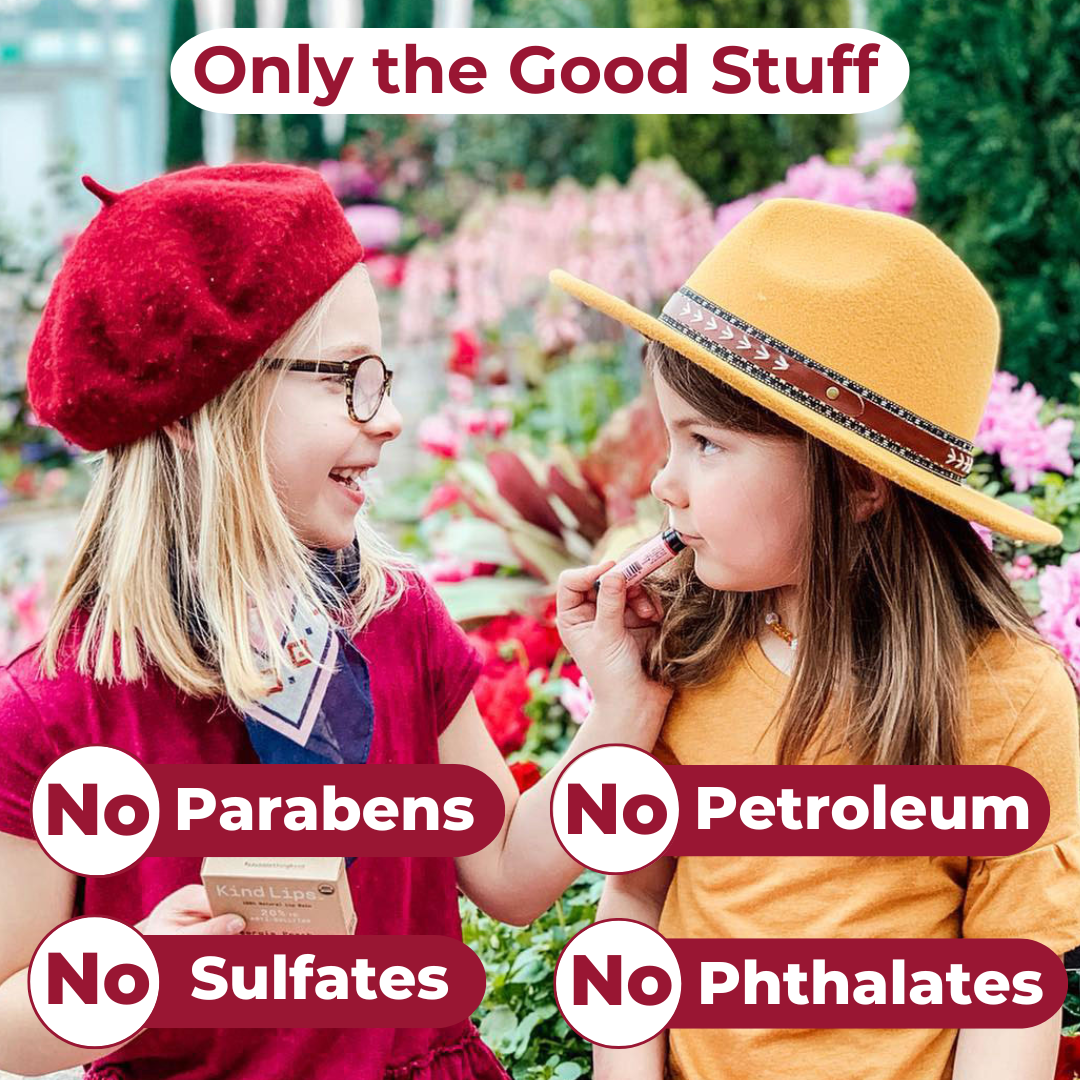 Two little girls talking about lip balm - paraban, petroleum, sulfate and phthalates free